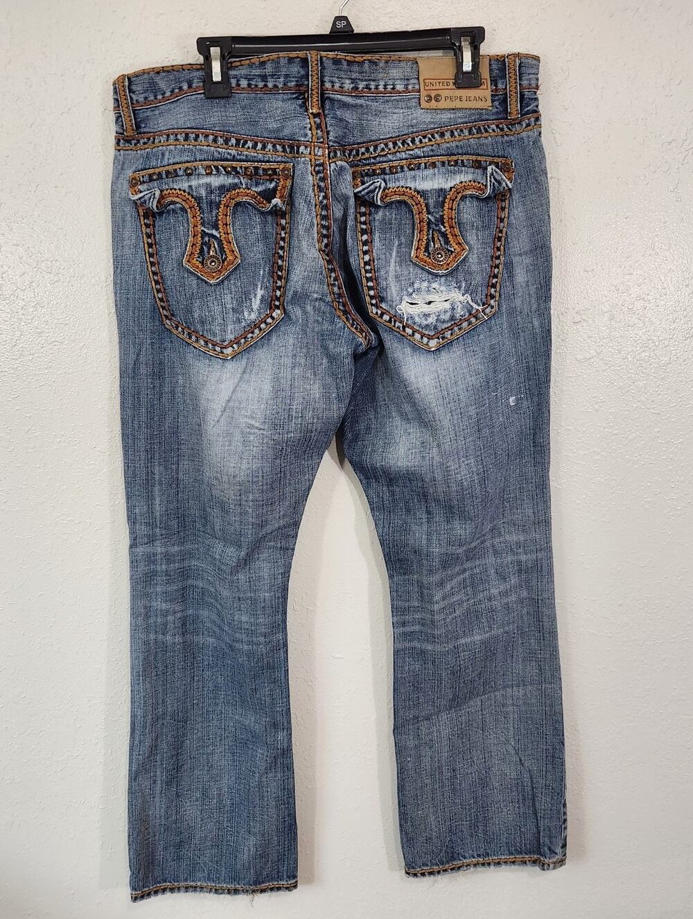 Y2K 2000s Men’s Pepe Jeans Wide Leg Embroider 36x32 Distressed Relaxed Whiskered